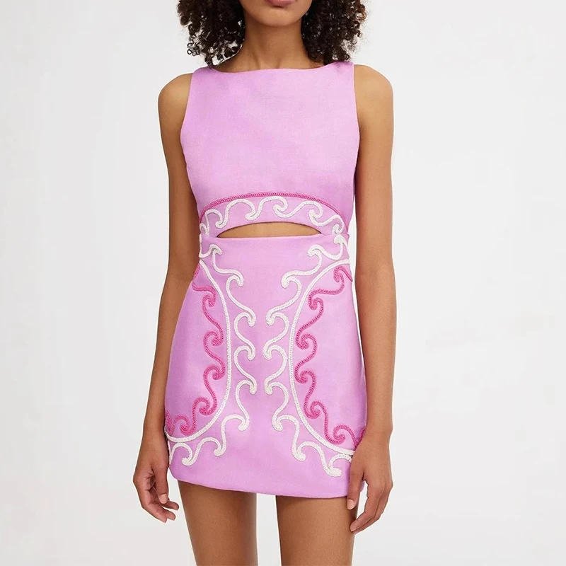 Elegant O Neck Zipper Wrap Hips Holiday Sleeveless Slim Beach Printed Hollow Out Evening Dress