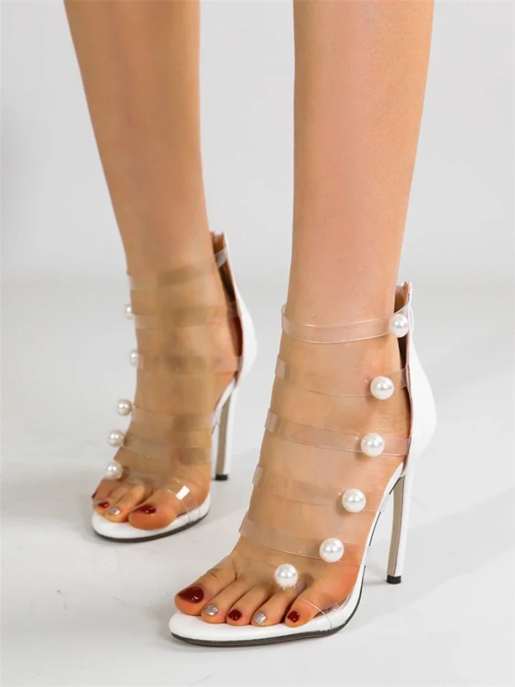 Elegant Pearl Decoration Stripper PVC Transparent Narrow Band Zipper High Heels Sandals