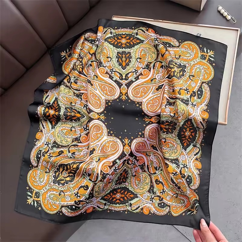 Elegant Square Flower Print Thin Breathable Neck Windproof Head Wrap Hair Scarves Silk Scarf