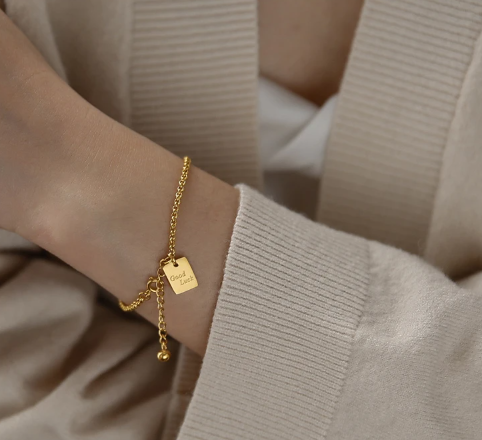 Elegant Stainless Steel Titanium With 18 K Gold Geo Good Luck Charm Chic Gown Sweet Bracelet