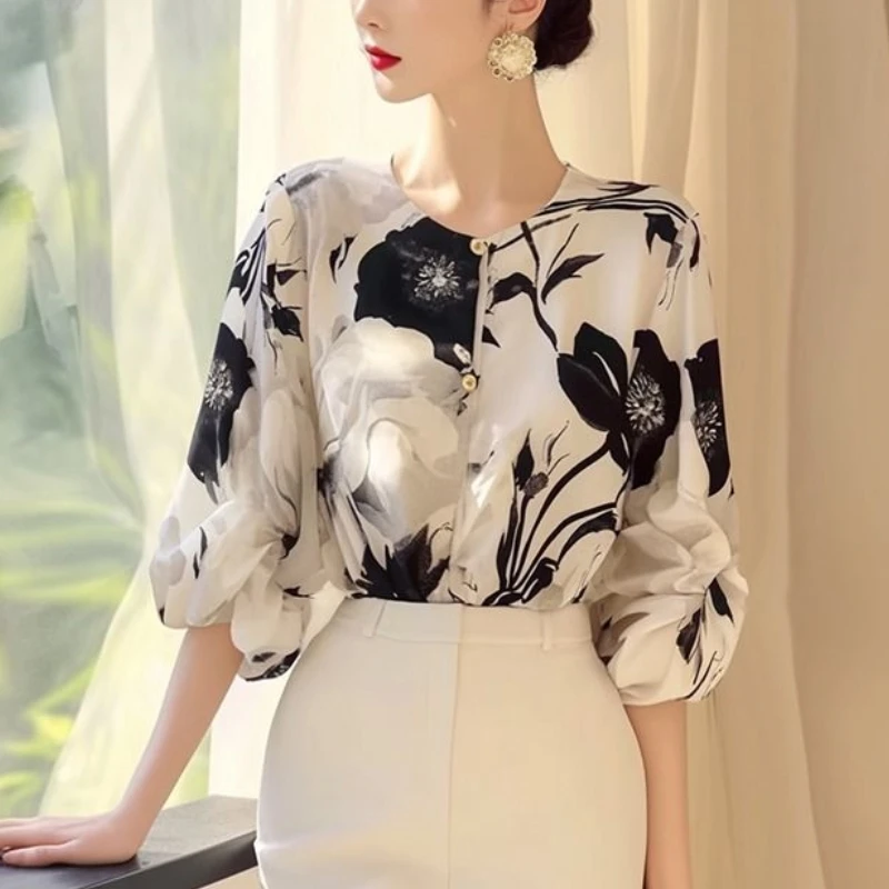 Elegant Unique Versatile Chiffon Blouses Half Sleeves V-Neck Printed Panel Button Shirt Top