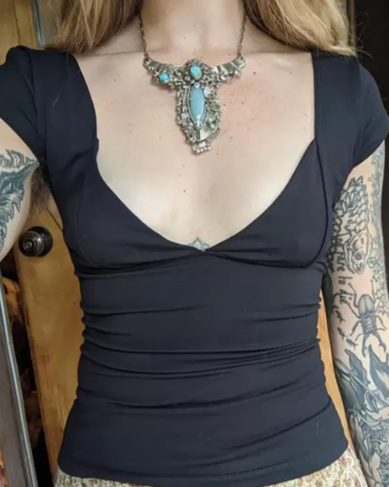 Fitted Tee Cap Sleeves Plunge Neckline Backless Casual Street Top