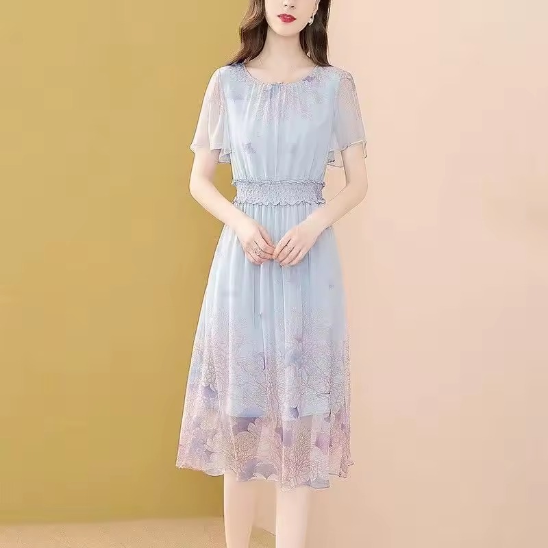 Luxury Elegant Short Sleeve Beach Chiffon Midi Floral Dresses