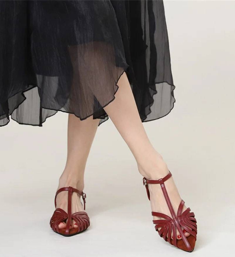 Concise Pointed Toe Cross Tied Hollow Narrow Band Square Low Heel Sandals