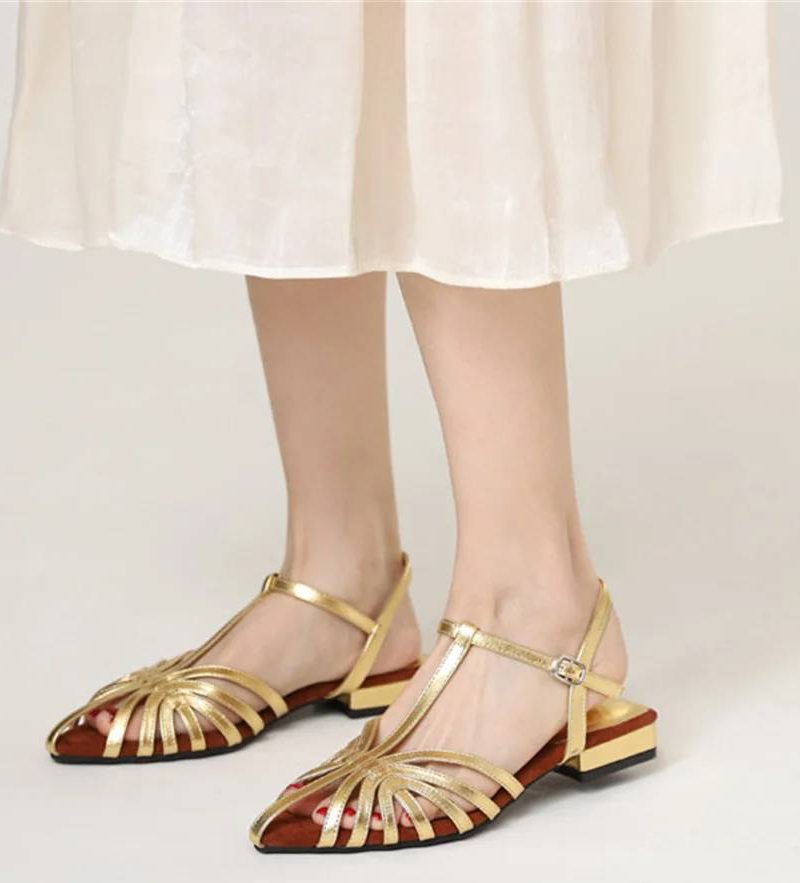 Luxury Pointed Toe Concise Cross Tied Hollow Narrow Band Square Low Heel Sandals