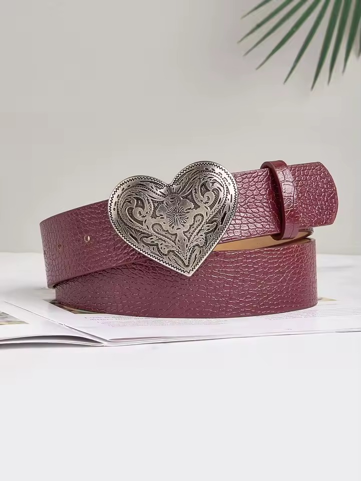 Casual Vintage Metal Gem Heart-Shaped Buckle Flower Pattern Belt