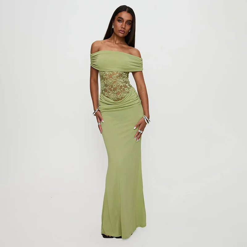 Off-shoulder Strapless Lace Sheer Sleeveless Backless Bodycon Club Party Long Dress