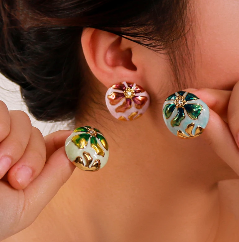 Trendy Style Circular Oil Dripping Dragonfly Flower Colored Oil Dripping Glaze Stainless Steel Earrings