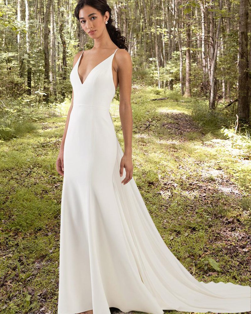 Simple Causal Spaghetti Straps Satin Fabric V-Neck Sleeveless Ruffles Mermaid Bridal Dresses