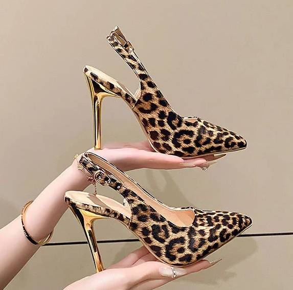 Simple Pointed Toe Sling-back Leopard Print High Heels Sandals - Image 5