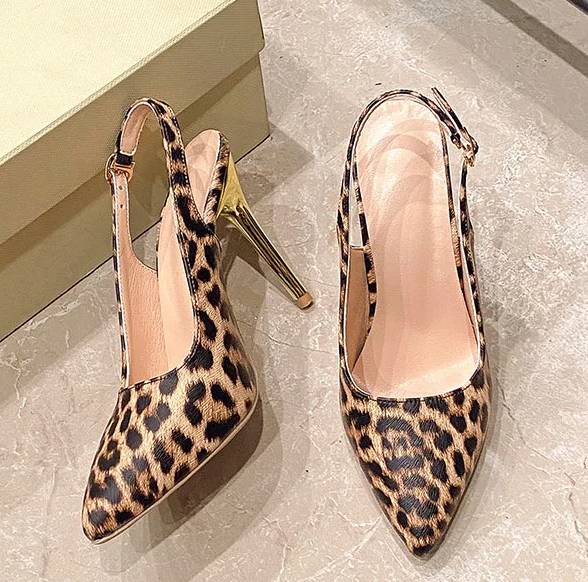 Simple Pointed Toe Sling-back Leopard Print High Heels Sandals - Image 9