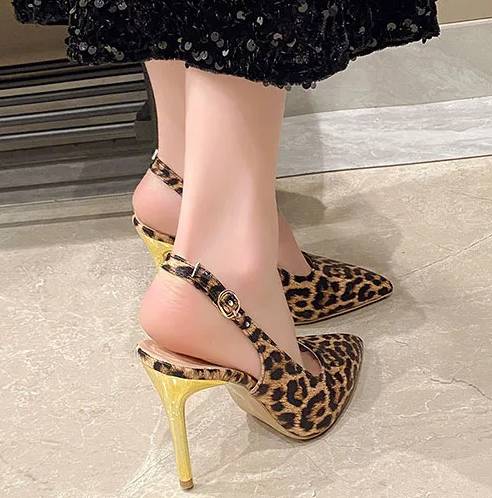 Simple Pointed Toe Sling-back Leopard Print High Heels Sandals - Image 8