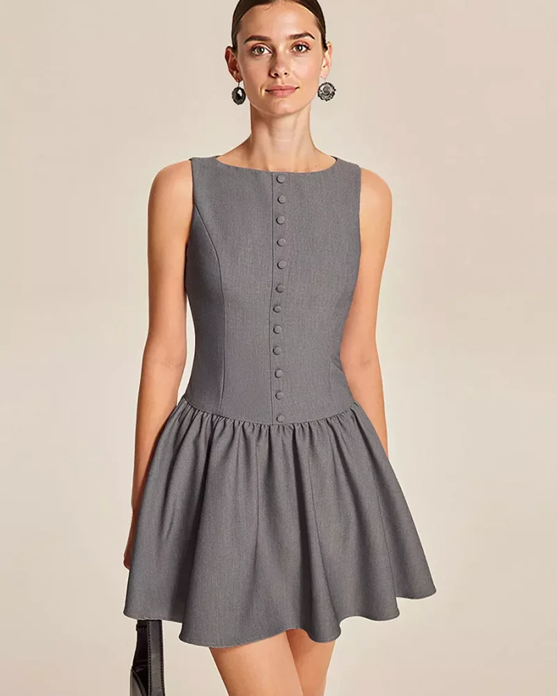 Elegant Sleeveless Pleated With Button-Front Mini Dress