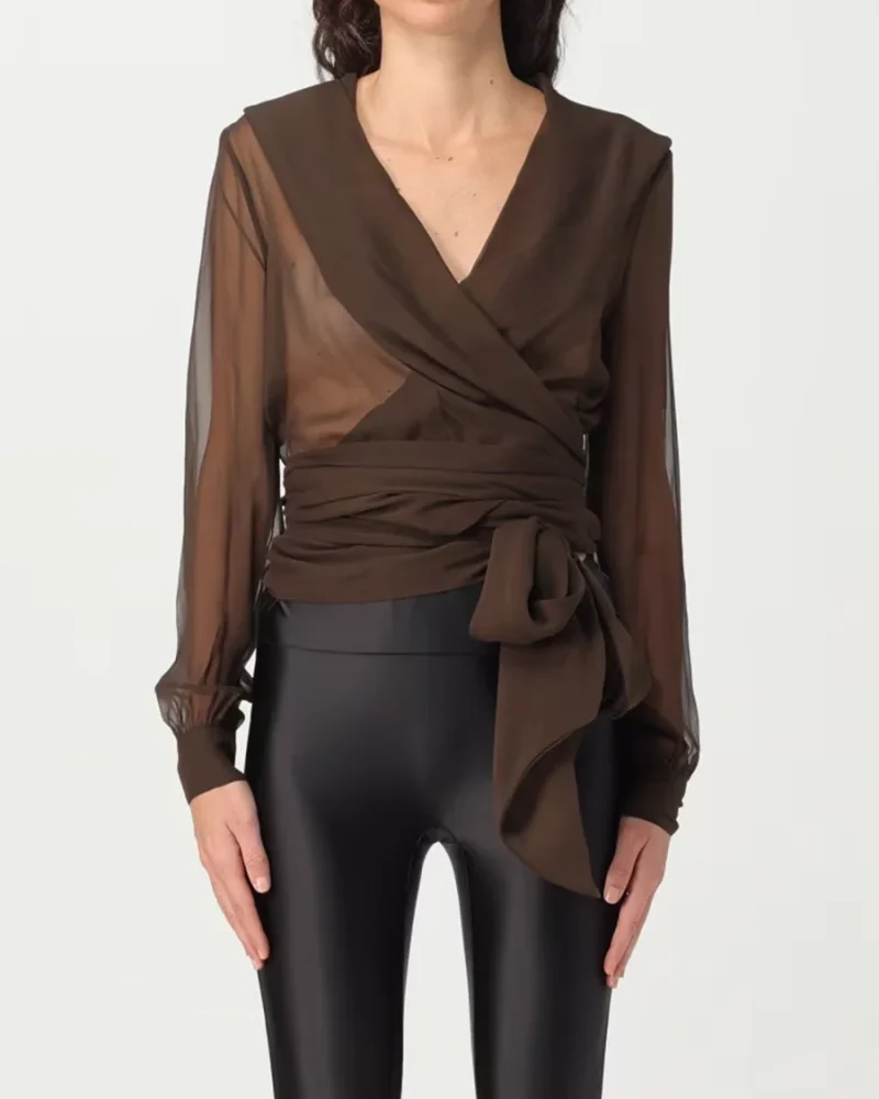 Solid Spliced Lace Up V Neck Long Sleeve Tunic Temperament Slimming Blouses Shirt