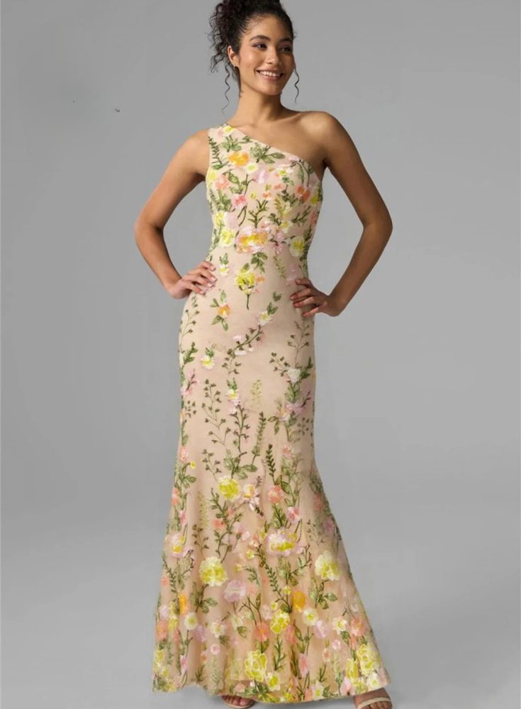 Special Occasions Embroidery Erotic One-Shoulder 3D Flowers Prom Maxi Dresses