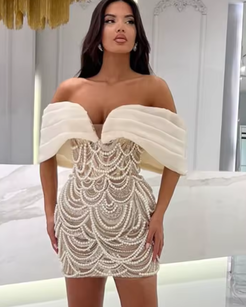 Spilced Folds Off The Shoulder Pearl Sequins Beading Chains Mini Cocktail Short Dress