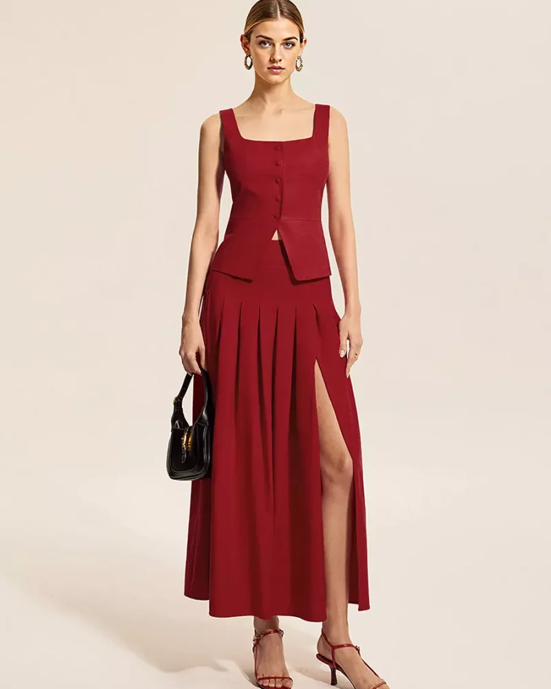 Square Neck Vest Top And Long Slit Skirt Two Piece Set