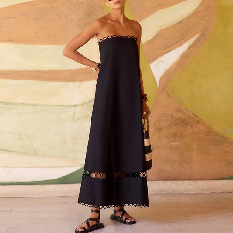 Strapless Lace Hollow Out Solid A-Line Off Shoulder Backless Zip Holiday Dress