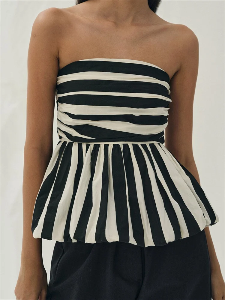 Strapless Striped Print Ruched Backless Off Shoulder Ruffles Hem Tank Tube Tops