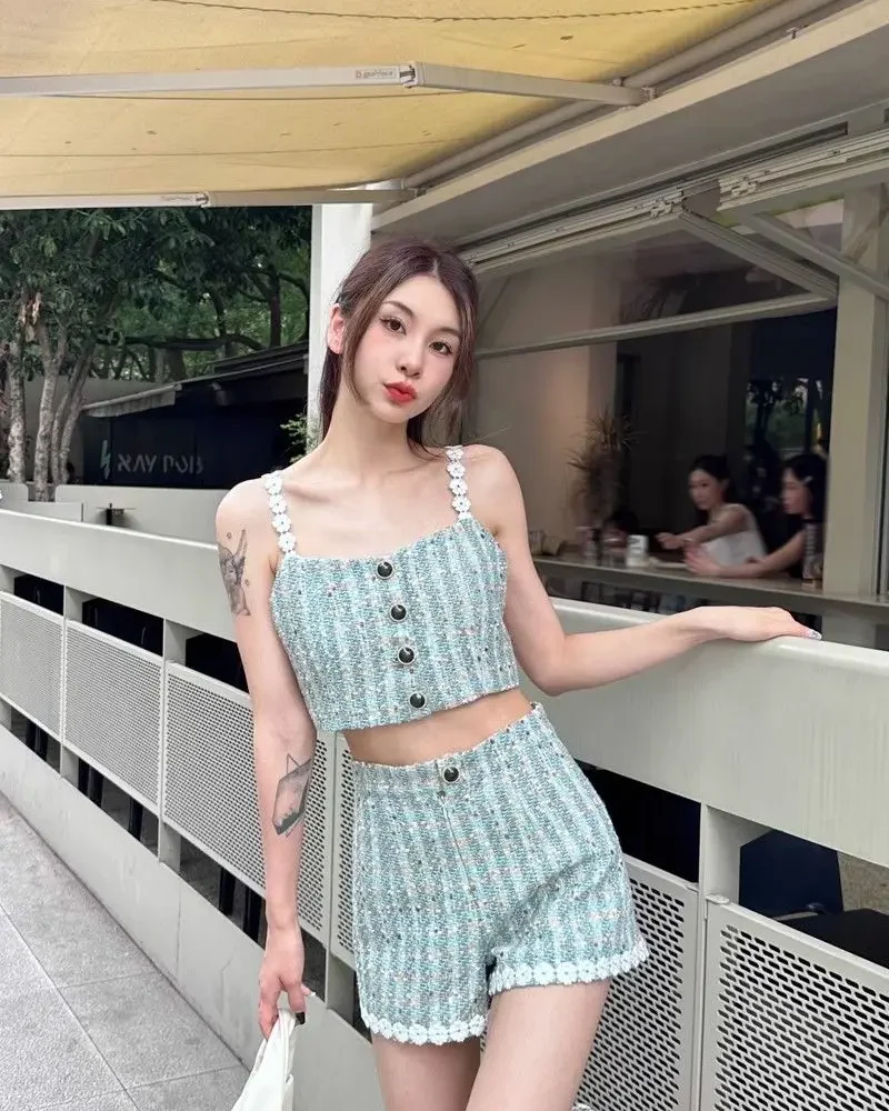 Tweed Vest Crop Top Tanks Camis Plaid Shirts High Waist Short Pant Two Piece Sets