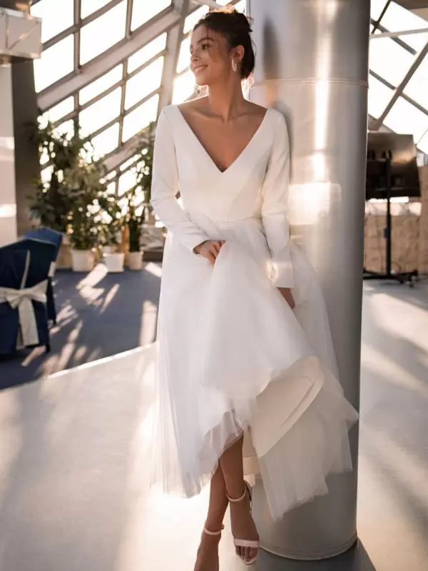 Elegant V-Neck Long Sleeves A-Line Tea-Length Bridal Dresses
