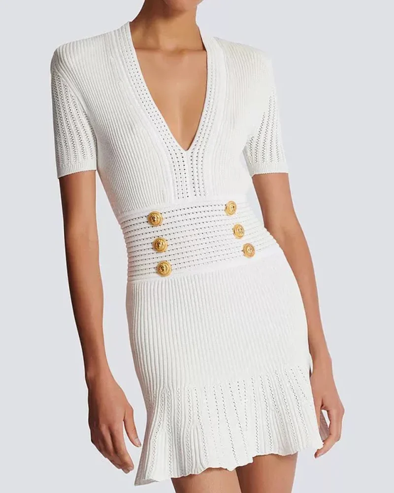 V-neck Knitted High Waist Buttons Sheath Ruffles Mini Dress