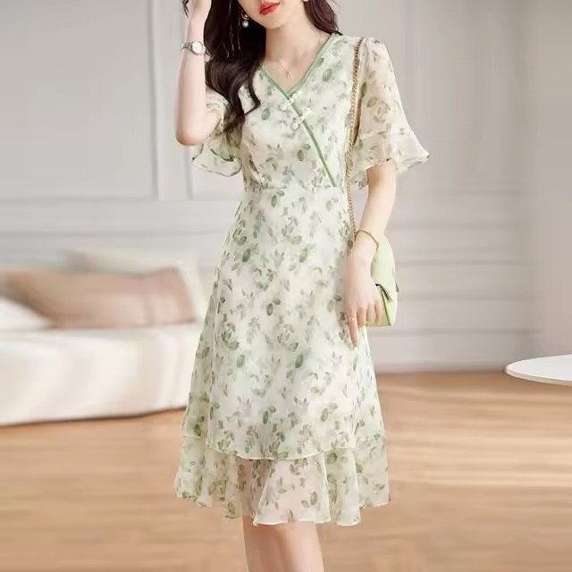 Appliques V-neck Ruffled Sleeve Design Chiffon Floral Dress
