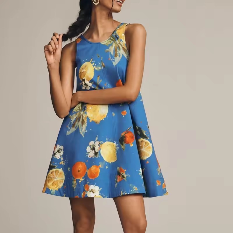 Vintage Aesthetic Pattern Printed Round Neck Loose Fit Swing A-line Short Mini Tank Dress