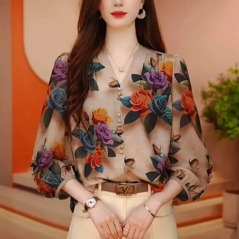 Vintage Floral Print V Neck 3/4 Sleeve Casual Ruffled Loose Chic Tops