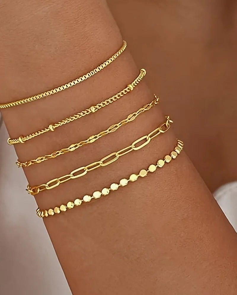 Vintage Geometric Adjustable Cuban Link Boho Twist Zinc Alloy Chain Bracelets 5Pcs Set