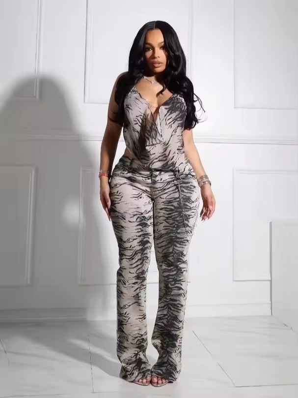 Vintage Printed Sleeveless Swinging Collar Halter Tops High Waist Loose Trousers Suit