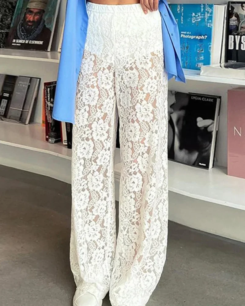 Vintage Wide Leg Pants Casual Loose Sheer Lace High Waist Trousers