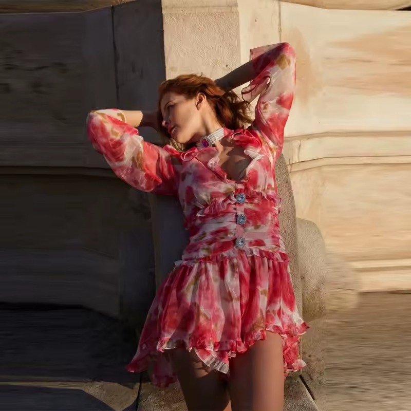 Beach Style Full Sleeve Irregular Ruffle Hem Print V-neck Slim Mini Dress