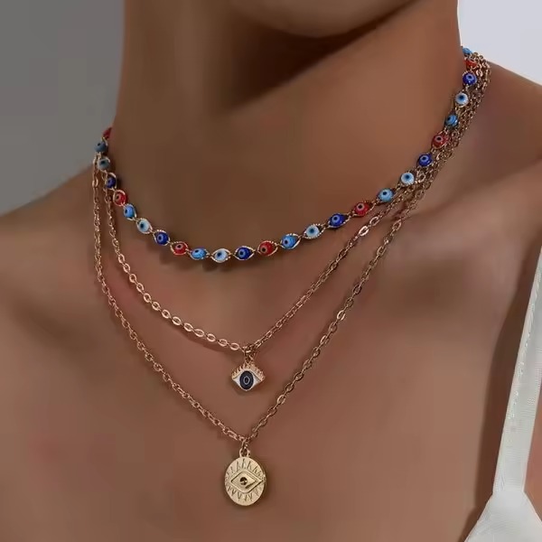 Boho Multi-layers Crystal Evil Eye Geometric Round Clavicle Chain Beach Charm Pendant Necklace 3PCS Set