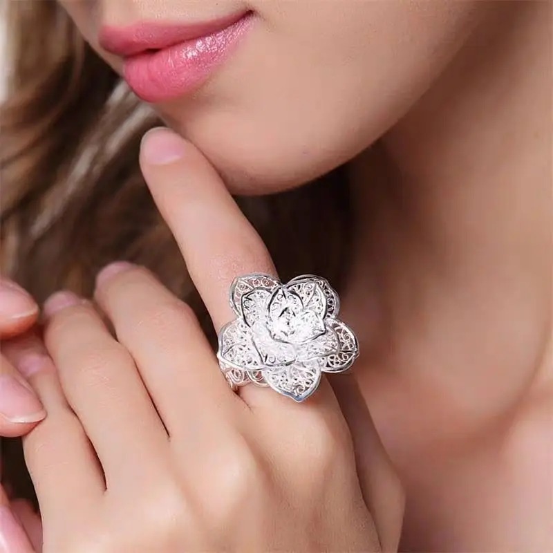 Casual 925 Sterling Silver Big Flower Party Wedding Bangle Rings Bracelet Jewelry Sets