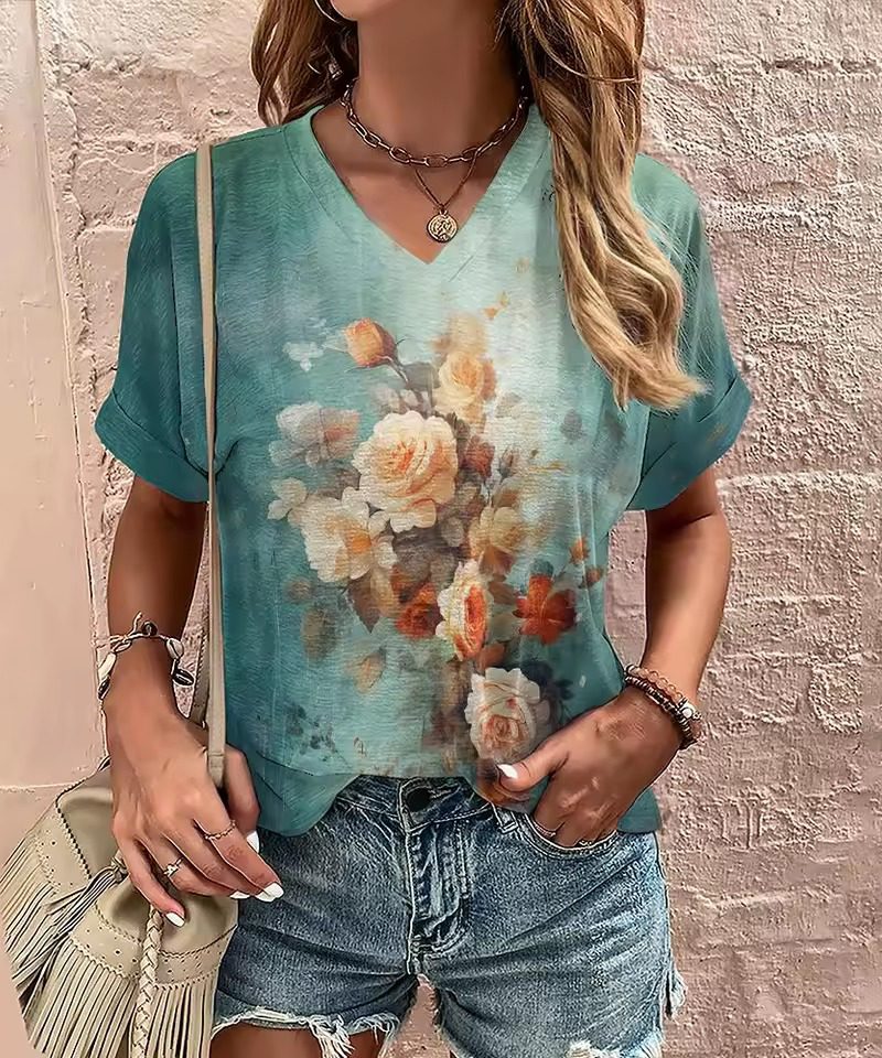 Casual Appliques Short Sleeve Streetwear V Neck 3d T Shirts