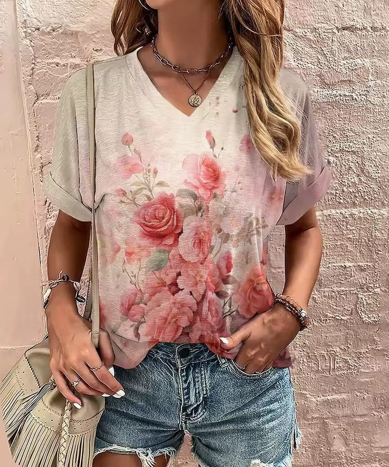 Casual Appliques V Neck Pullover Oversized Cotton 3d T Shirts