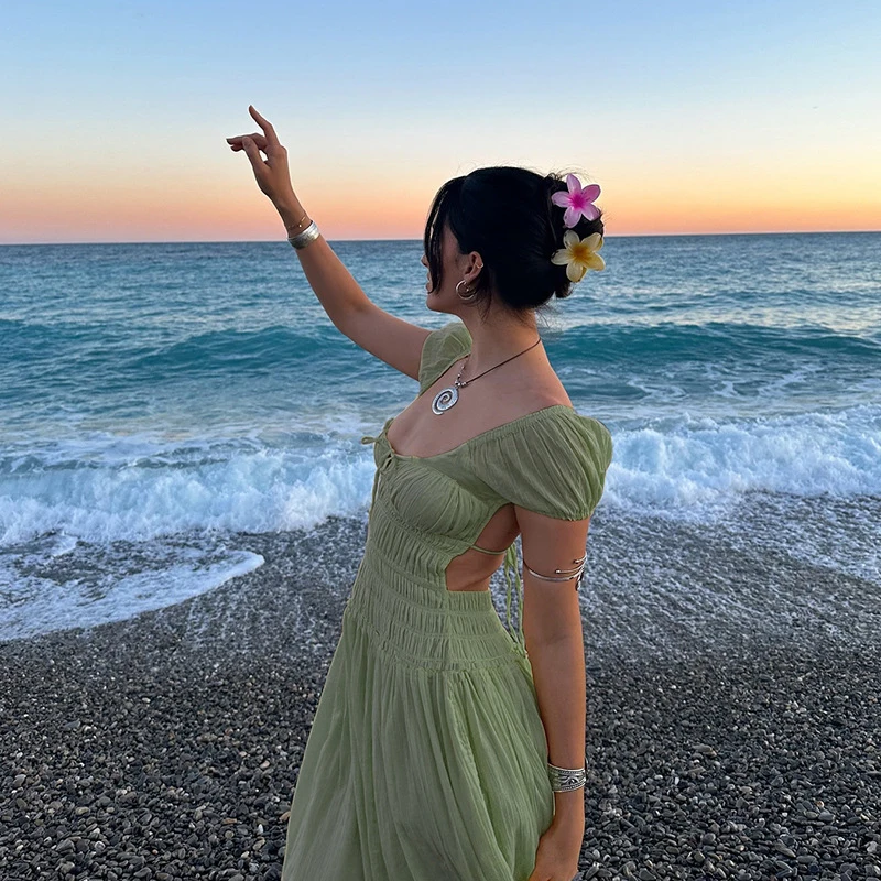 Casual Backless Lace Up Pleated Square Neck Short Sleeved Party Beach Long Dresses