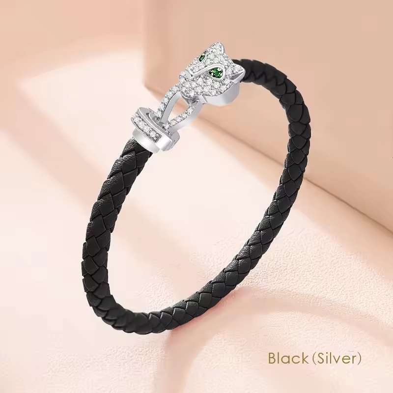 Casual Design Exquisite Cheetah Zircon Braided Quality Banquet Couples Leather Bracelet