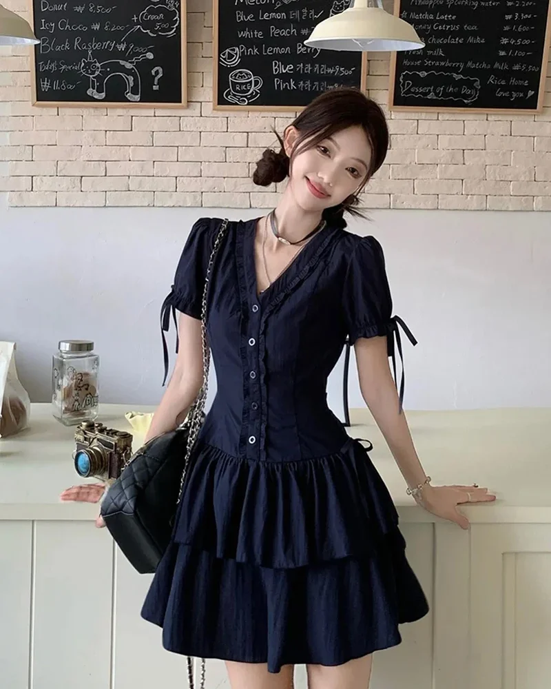 Casual Elegant Sweet Vintage V Neck Lace Up Cake Dress