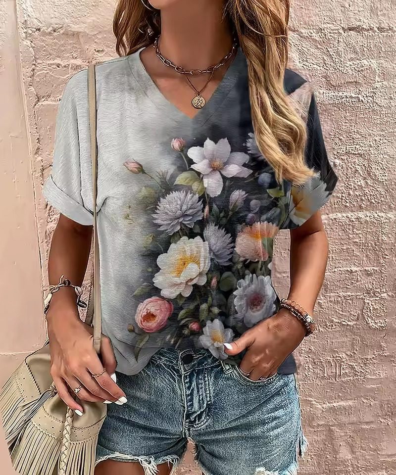 Casual Flower Print V Neck Pullover Oversized T Shirts