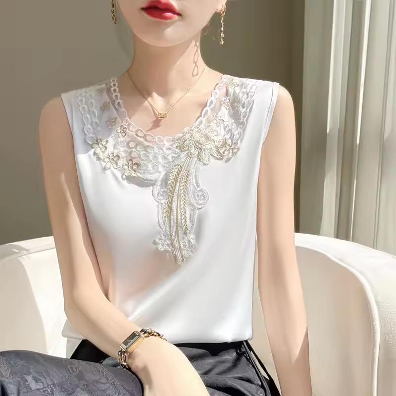 Casual Lace Office Lady Satin Sleeveless Tank Tops