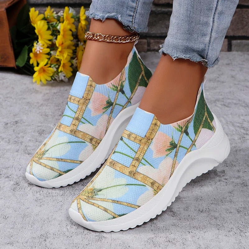 Casual Lightweight Flower Print Breathable Knitted Sneakers
