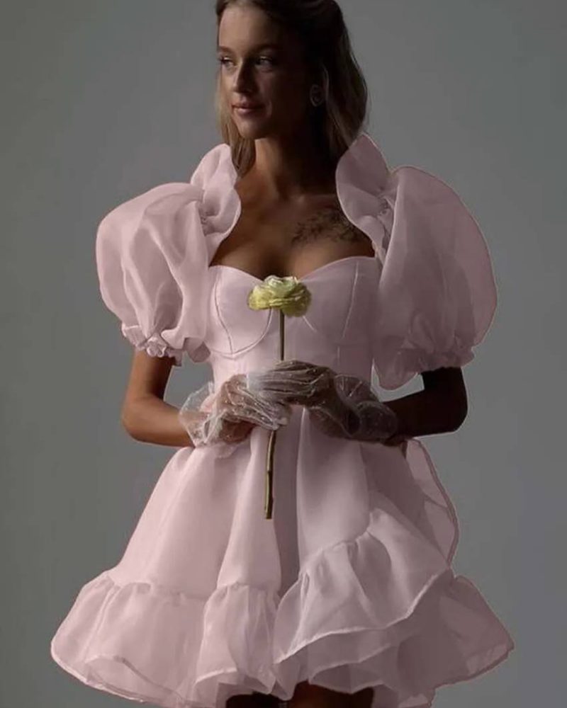 Casual Puff Sleeve Open Back Zipper High Waist Zipper Pleated Mini Dresses