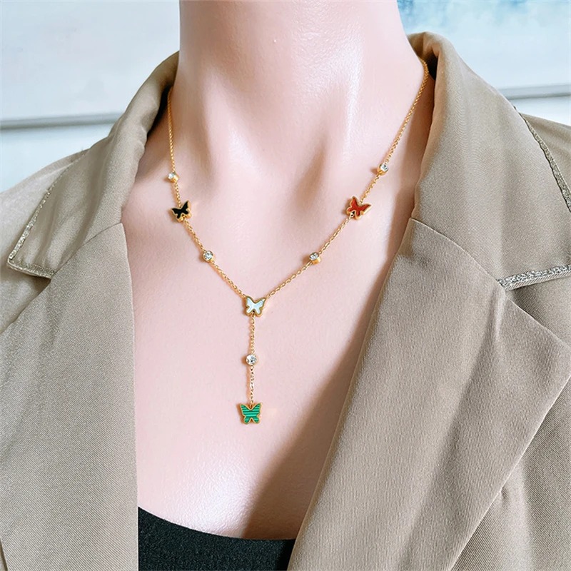 Casual Stainless Steel Natural Shells Zircon Butterfly Charm Chain Pendants Choker Necklaces