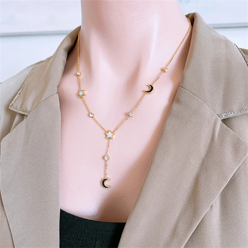Trendy Stainless Steel Natural Shells Zircon Star Moon Charm Chain Pendants Choker Necklaces