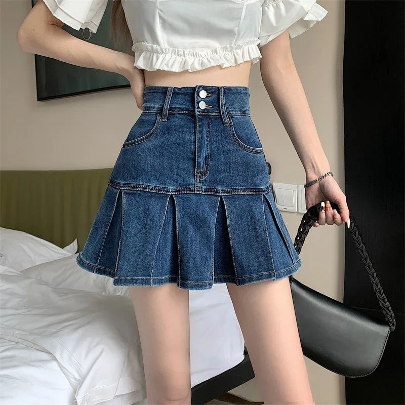 Casual Street Style Pleated High Waist A-Line Mini Denim Skirt