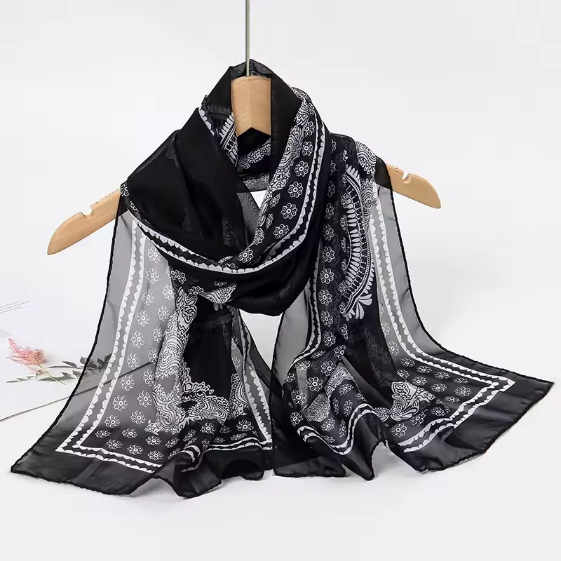 Classic Sunscreen Silk Long Wrap Beach Travel Outdoor Headband Print Chiffon Scarf Shawl