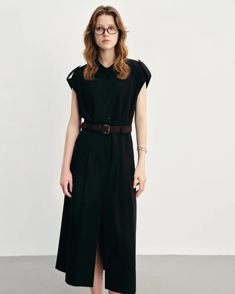 Drop Shoulder Tucked Pleats Draped Waist Flattering Cut Office to Outing​ Sleeveless Shirt Dress