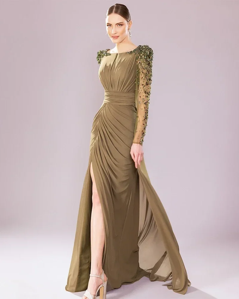 Elegant Beaded Long Sleeves Pleat Chiffon Side Split Mother Of The Bride Dresses